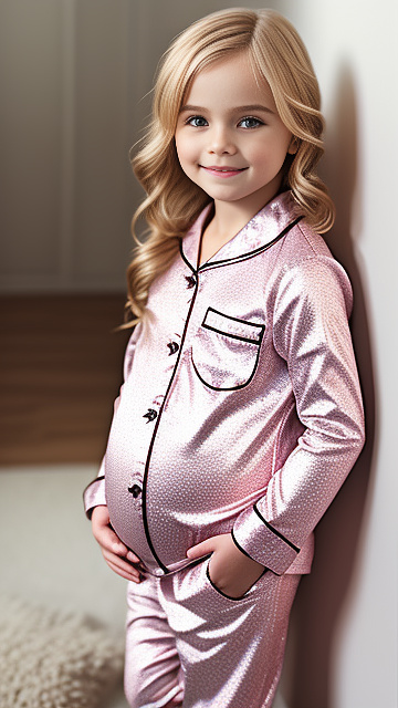 Realistic, detailed, 5-year-old blonde girl, wearing pajamas, pregnant  in custom style