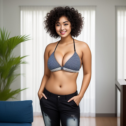 Sexy asian college student with large boobs and short curly hair and in a black bikini top and denim pants and showing her belly and standing in the living room and full body picture in custom style