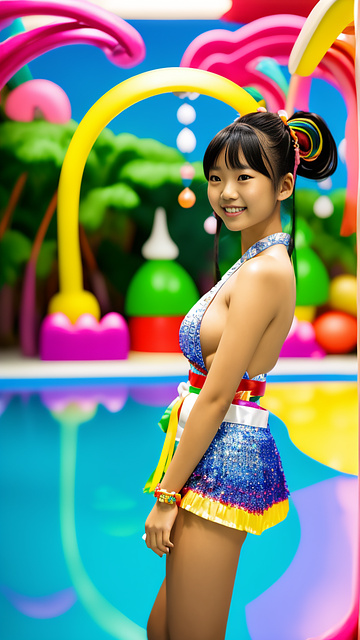 Young japanese woman wear a rainbow colored traditional thai dress. she wore a sash and tied her hair into a long ponytail. her hair was decorated with diamonds. decorated with silver backdrop by the pool,ue5, no wear anything,no dress,naked,big bust,big cleavage,big chest,bare,slender body,white skin,very realistic,full body and smile,the background is bright and bright. in kids painted style