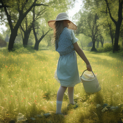 A girl is skipping across a sunny lawn. she has a basket in her hands and a hat on her head. in custom style