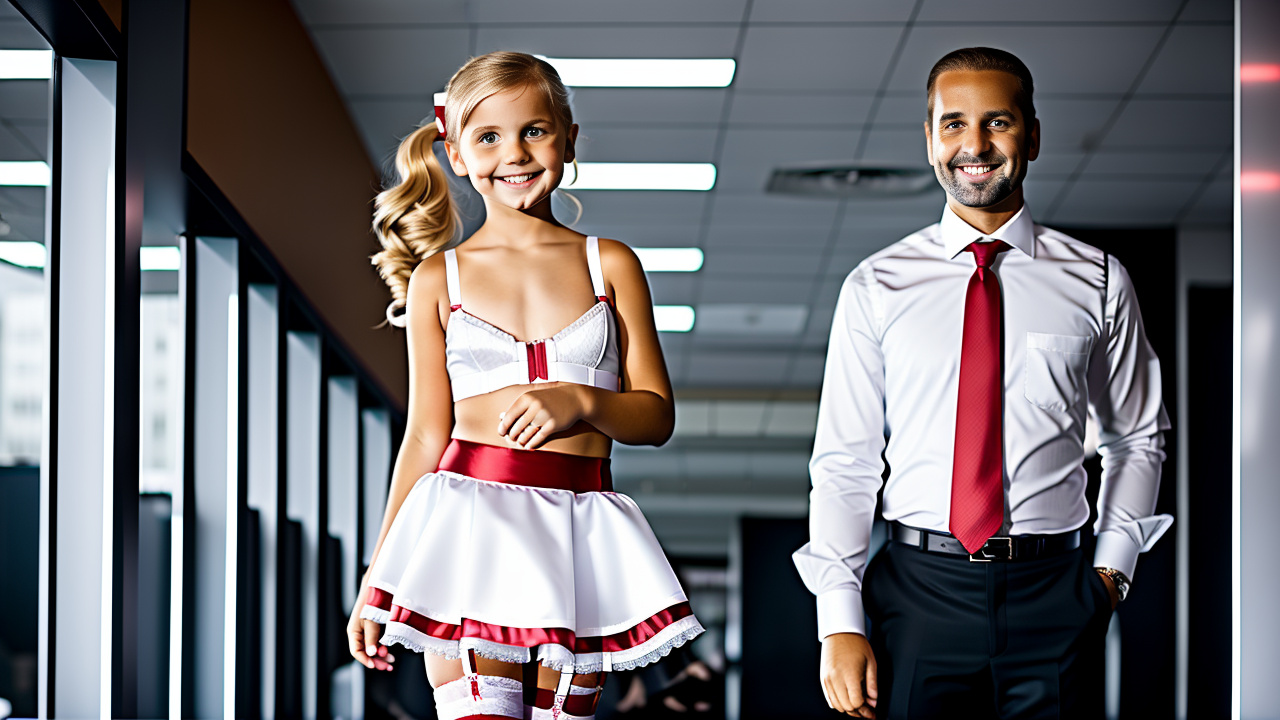 White, blonde, smiling, girl 5 years old, brassiere, slutty unwear, high red heel shoes, standing , garter belt,  next to 30yr business-man, show both people in picture, in custom style