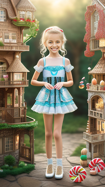 Realistic, highly detailed, short petite 12-year-old , wearing sexy lingerie, blonde hair up, pale skin, makeup on face, smiling , full body portrait, front view in kids painted style