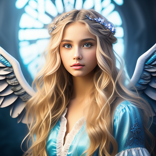 Beautiful princess with blonde wavy hair and blue eyes
 in angelcore style