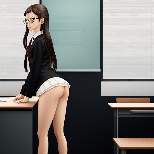 Ultra realistically a 22 year old german girl with a black braid with glasses and brown eyes 1.70 tall thin in schoolgirl uniform kneel on a chair her sex underwear is open in the crot you can see her vagina and her anus in anime style