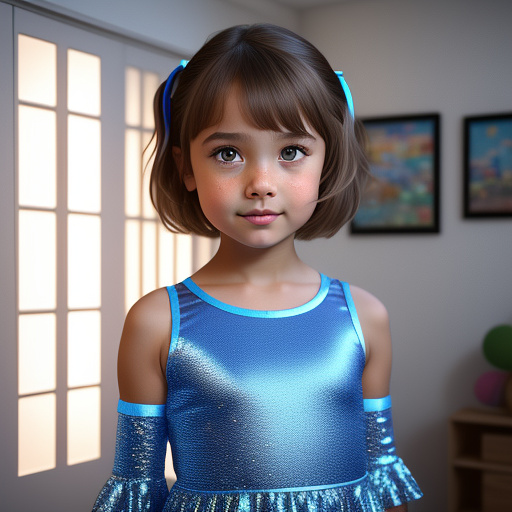 A seven year old girl, with very light brown straight short hair, dark brown eyes, and is wearing a cute light blue dance outfit in disney 3d style