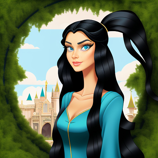 Create beautiful tall girl with black long hair and  blue eyes and green dress in disneyland. in disney painted style