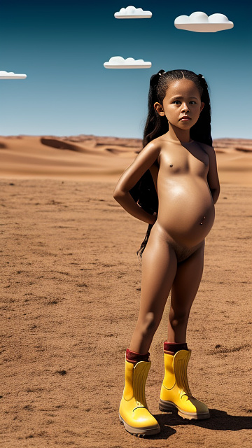 Realistic, detailed, 7-years-old, jenna ortega, pregnant, yellow boots, nude, desert, full body, pooping in custom style