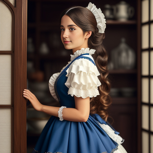She is light-skinned and has long brown hair. on her head is a white lace cornet with ribbons wearing a vintage-style maid outfit, deep-blue full skirt with frilled white ruffles, deep-blue bodice. the apron with white frills and lace. light-brown hair in a classic updo. she smiles softly, looking directly at the viewer. her body is in a light squat position, as if she is curtsiing, her hands just below waist level, gracefully holding her skirt and apron. detailed ruffles and lace accents on the long apron. the composition is focused on showcasing the details of the costume. the perspective is slightly above, emphasizing the length of the dress and the details of the layered skirts. shallow depth of field, focusing on the subject and emphasizing the outfit's details. victorian-era aesthetic, vintage fashion style. natural light, soft shadows. slightly low-angle shot. photorealistic, in anime style