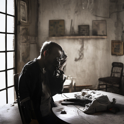 In a dark room, there is a telephone and a gun on the table. a man is sitting on a chair, and he is dead. in custom style