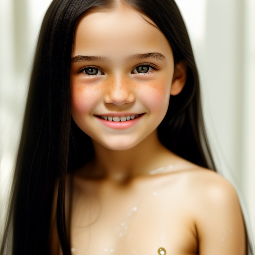 9-year-old caucasian white girl, long black hair, pretty, smiling, small breasts, drops of white liquid on face in custom style