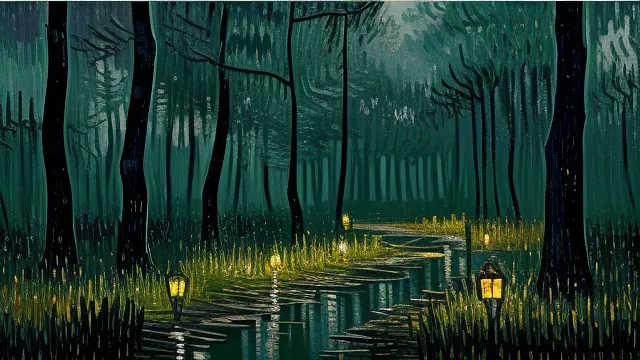 Dirty toxic swamp at night in the forest illuminated by fire torches in neo impressionism style