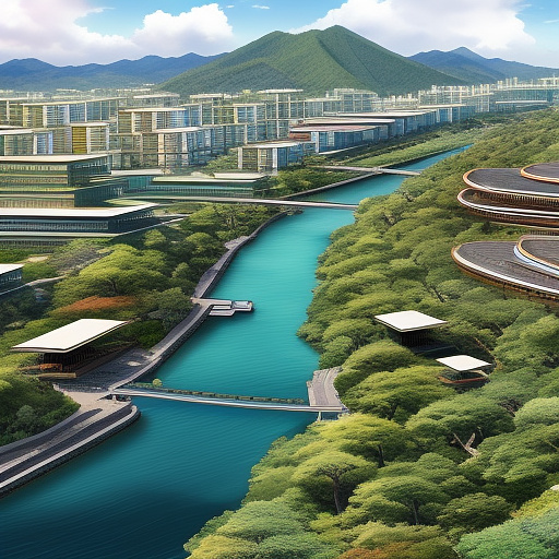"top-down aerial view of a 20-hectare eco-resort masterplan. a long straight artificial canal, 500–600m long and 15–20m wide, crossing from southwest to northeast, clearly rectangular, not circular, with small boats. at both ends of the canal: outdoor pools with leisure decks. along canal: 10 small cafés every 50m and 5 restaurants every 100m with terraces and umbrellas. on the southeast hill: 30 low-rise luxury villas (150m² each), surrounded by orchards and gardens. a zipline line crossing diagonally from southeast to northwest, visible above site. cycling and walking paths with shaded sitting areas. emphasize correct proportions, eco-friendly resort design, orchards, balance of nature and modern luxury. clean, colorful masterplan rendering." in anime style