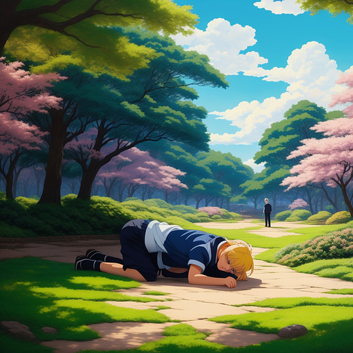 A man standing on top of a child who is lying on the ground in anime style