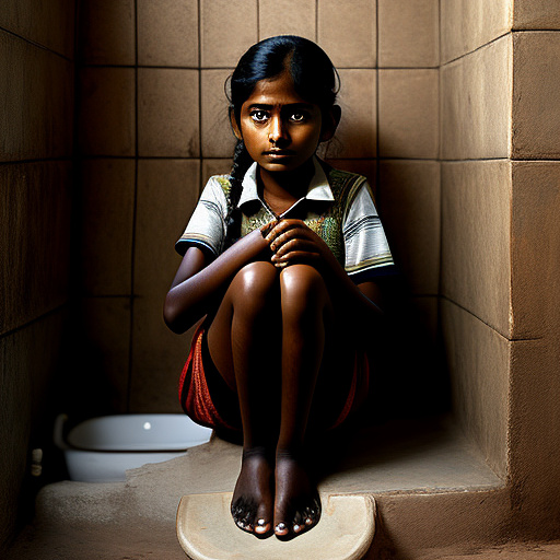 Realistic, detailed, 13-year-old indian girl sitting on a toilet  in custom style