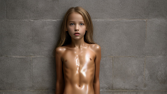 10 year old girl, naked, anorexic, lean, strong abs, small hips, closed eyes, open mouth, spread legs, latex belt, wet skin in custom style