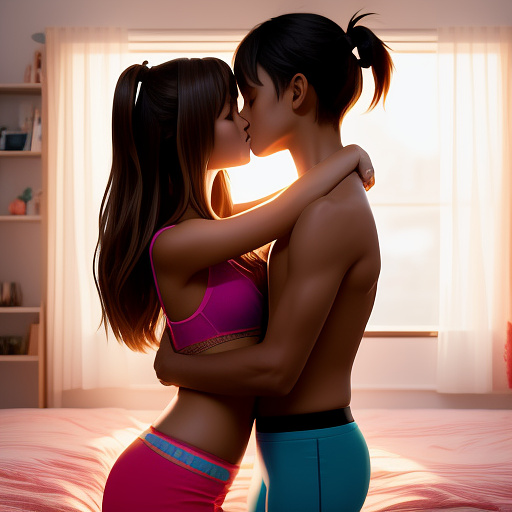 A romantic moment between a childhood couple in a cozy bedroom. the 11-year-old sexy hot girl, wearing a light, stylish bras and yoga pants, shares a gentle kiss with her 11-year-old boyfriend.  in anime style
