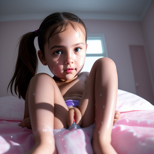 Ultra realistically a 9 year old girl with sprayed legs in the bedroom sperm liquid drips from her vagina detailed third person in custom style