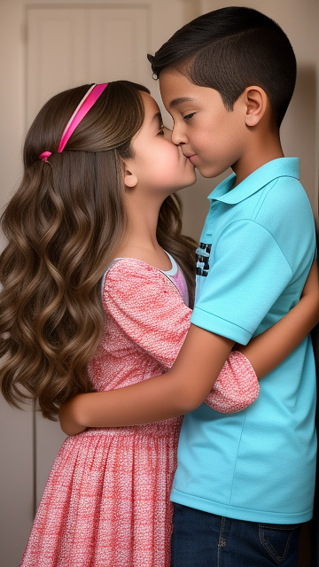 A romantic moment between a childhood couple. the grade-5 girl, wearing her hot clothes, shares a gentle kiss with the grade-5 boy. in custom style