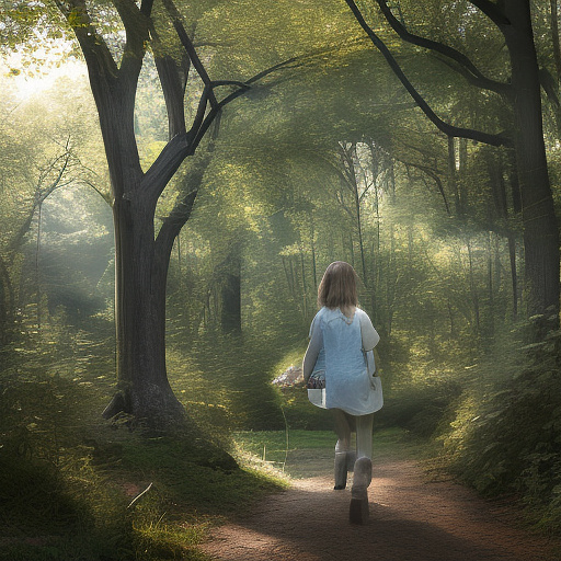 A 9-year-old girl is walking along a forest path. it's evening. she has a basket in her hand. view from behind. in custom style