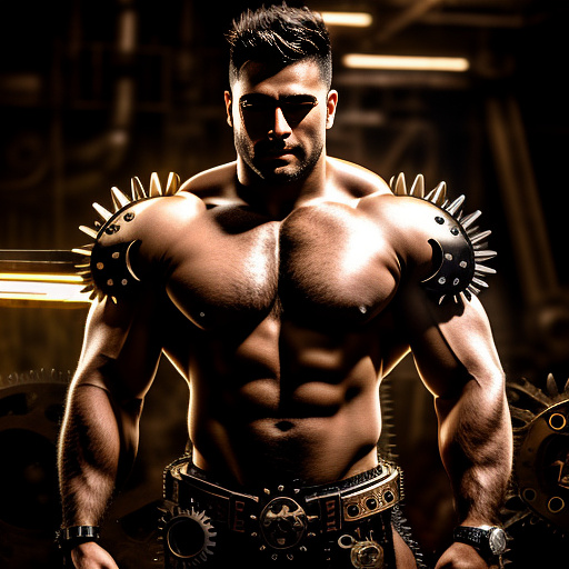 Muscle bara stud
huge pecs
huge chest
long spiky hair
shirtless in steampunk style
