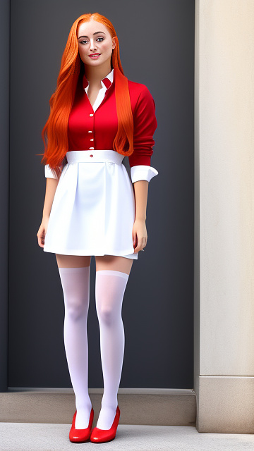 Sophie turner wearing a white shirt, red tie, blue pinafore dress, red pantyhose, and blue loafers in custom style