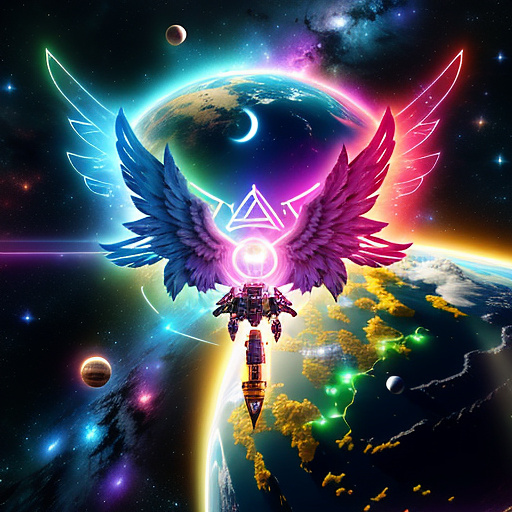 A cheerful transformer flies through space against the backdrop of planets. in angelcore style