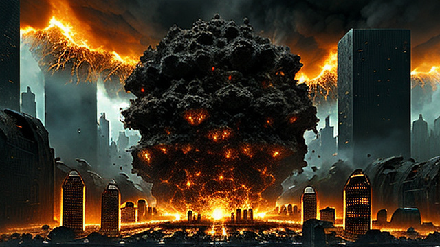 A hive-city being struck by something from space, a huge explosion and building debris going everywhere. in custom style