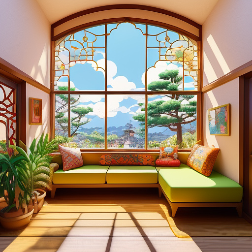 "a sunny iranian children's room with sunlight streaming through a large window. the curtains are pulled to both sides, letting in warm golden sunlight. the room has persian-style decorative patterns, playful colors, and fantasy elements like smiling sun rays, a small potted plant by the window, and a cheerful atmosphere symbolizing energy use and warmth. in a soft, storybook illustration style, detailed, bright, and whimsical." in anime style