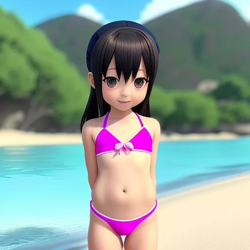 Toddler in bikini, smiling, physically fit, skinny, realistic
 in anime style