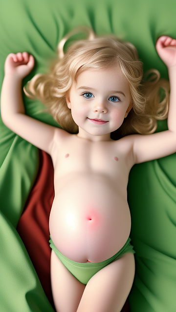 Realistic, detailed, 4-year-old blonde girl, in green dress, pregnant, laying in bed, top down full body view, red blush, right hand on belly   in custom style