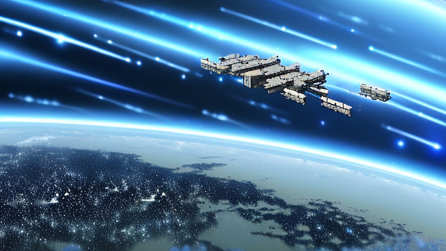 A large lunar space station in orbit with spacex starships docked next to it. in anime style