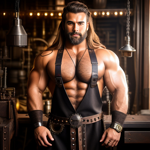 Muscle bara stud
huge pecs
huge chest
long brown hair
beard 
blacksmith apron in steampunk style