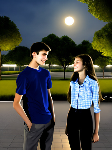A 20 year old and 17 year old brother and sister, standing in a high tech city park looking up at a beautiful full moon in the year 2047.
 in custom style