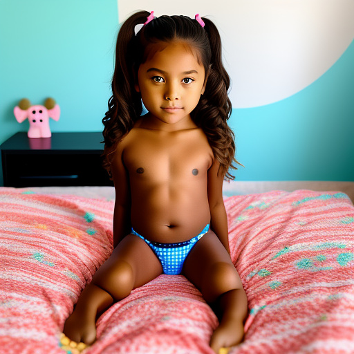 8 year old girl in bikini, sitting on her bed in custom style