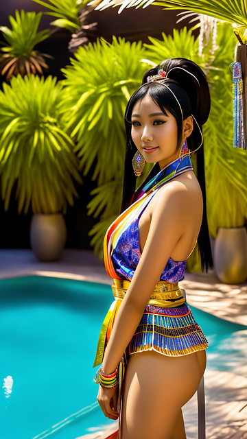 Young japanese woman wear a rainbow colored traditional thai dress. she wore a sash and tied her hair into a long ponytail. her hair was decorated with diamonds. decorated with silver backdrop by the pool,ue5, no wear anything,no dress,naked,big bust,big cleavage,big chest,bare,slender body,white skin,very realistic,full body and smile,the background is bright and bright. in egypt style