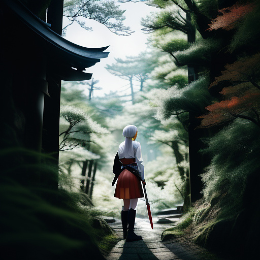 Woman with white hair and red eyes in hunter outfit with sword in hand sneaking through dark forest in anime style