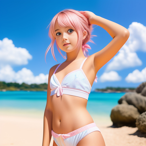 Little young girl in camera, whit shorts pants and swim bra, curbing her body. 
pink hair and her hands up for tie the hair, 
in a beach

 in anime style