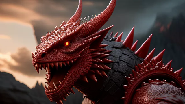 A red dragon god with spikes opening his mouth in disney 3d style