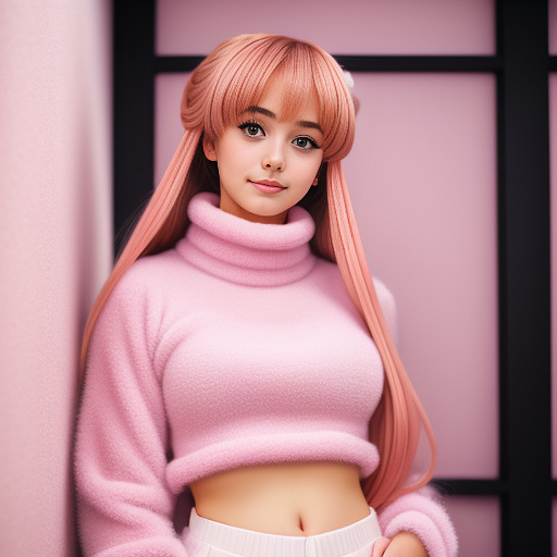 Sissy wearing pink fuzzy turtleneck  in anime style