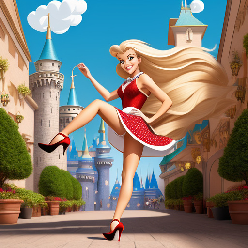 Girl blond with high heels kicking man in disney painted style