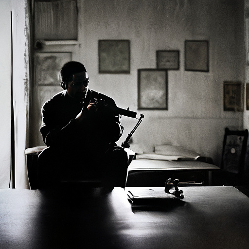 In a dark room, there is a telephone and a gun on the table. a man is sitting on a chair, and he is dead. in custom style