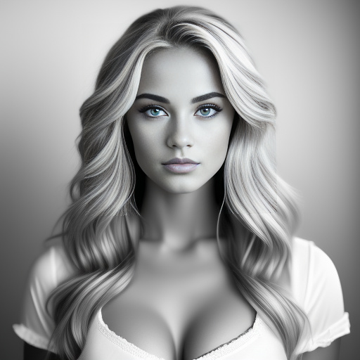 A woman with blond hair and big blue eyes with a sarcastic expression. with big and beautiful lips and full eyebrows. with long eyelashes and a small, cute and beautiful nose. short skirts with a masculine look in bw photo style