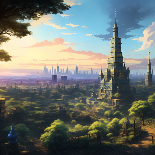 Blue and gold city in high fantasy dnd the city values trade of farm goods. but has built on that miltilristic towers and the city is in need of repair
 in anime style