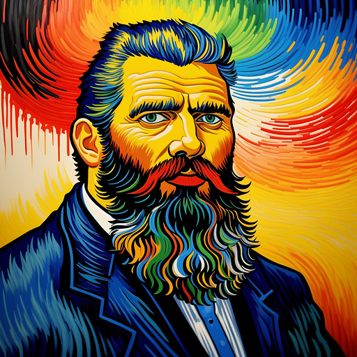 Colorful 40 years man portrait painted cartoon animated surrealistic  100kg beard in neo impressionism style