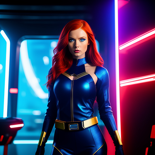 Redheaded super heroine with blue eyes wearing a skimpy outfit and a belt  in sci-fi style