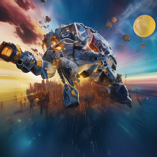 A cheerful transformer flies through space against the backdrop of planets. in disney painted style