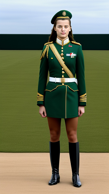 Young caucasian female soldier standing at attention in a formal dress uniform. in custom style