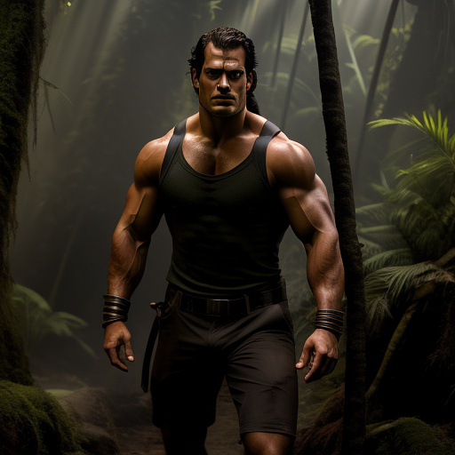 Full body wide shot, muscular, henry cavill as lara croft, very clear face, film grain, cinematic still of a bright action film, cinematic lighting, detailed clothes, in a dark jungle, subject is well lit, shorts, pointing weapons at camera in custom style