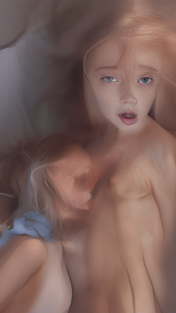 A 9-year-old naked girl is sucking another girl's breast. in custom style