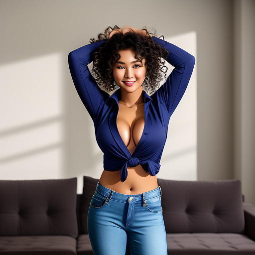 Sexy asian college student with her arms up and large boobs and short curly hair and in a long sleeve loose knotted shirt and jeans pants and showing her cleavage and standing in the living room and full body picture in custom style